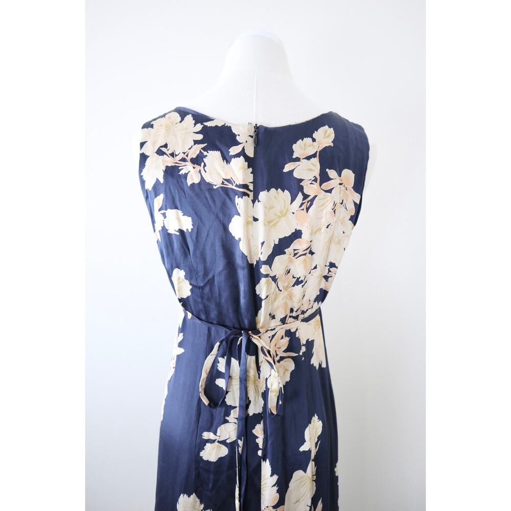 Shun Da Chinese 100% Silk Floral Printed Midi Dress Navy Blue Cream - Picture 8 of 12